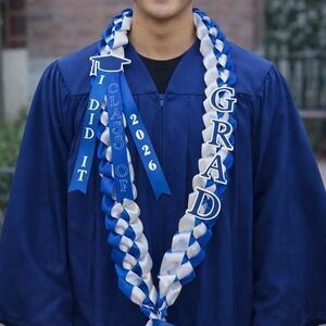 Blue and White Graduation Lei with 'Grad' and 'Class of 2026' Ribbons